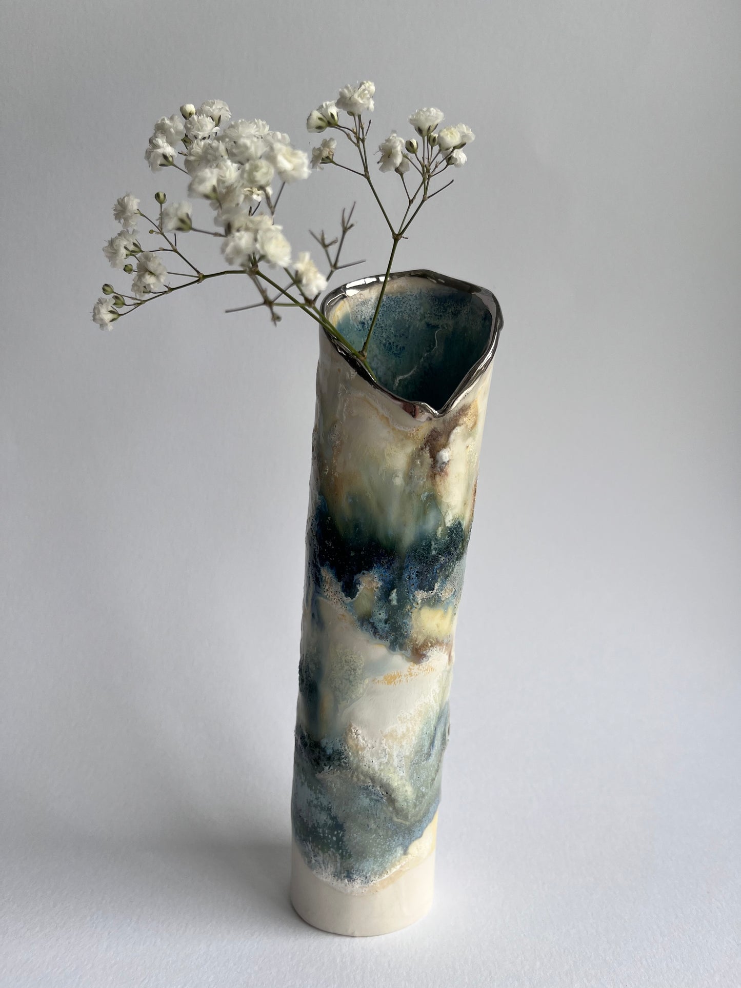 Porcelain Wrap Vase with Layered Glazes in Cream, Greens and Blue