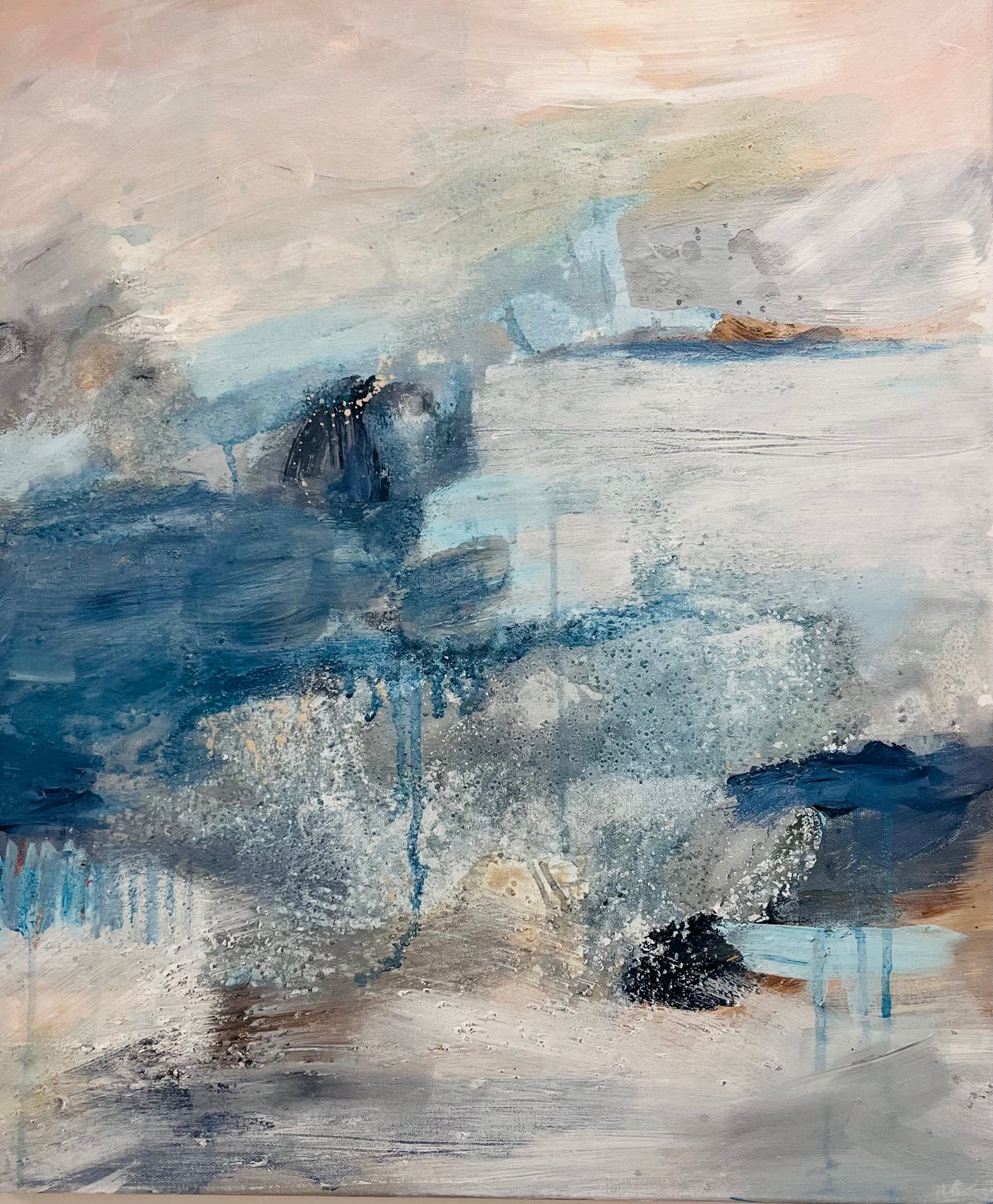 Detail of Veil of Elegance painting showing texture and grey, blue, turquoise brush marks and watery layers and drips