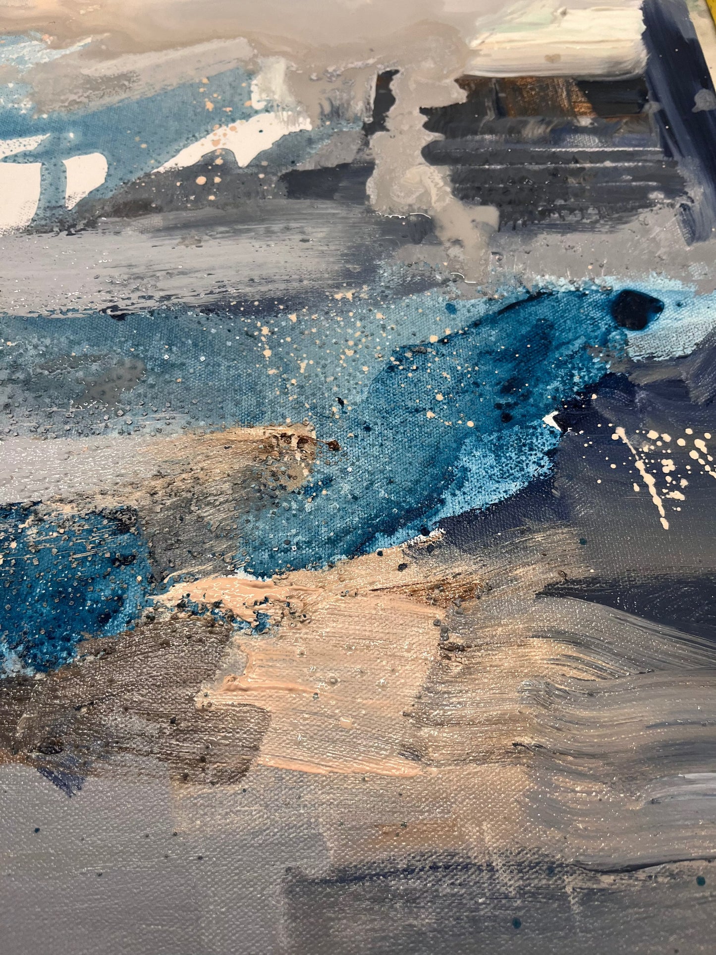 Details of Where Silence Falls original abstract blue painting by Nicola Briggs