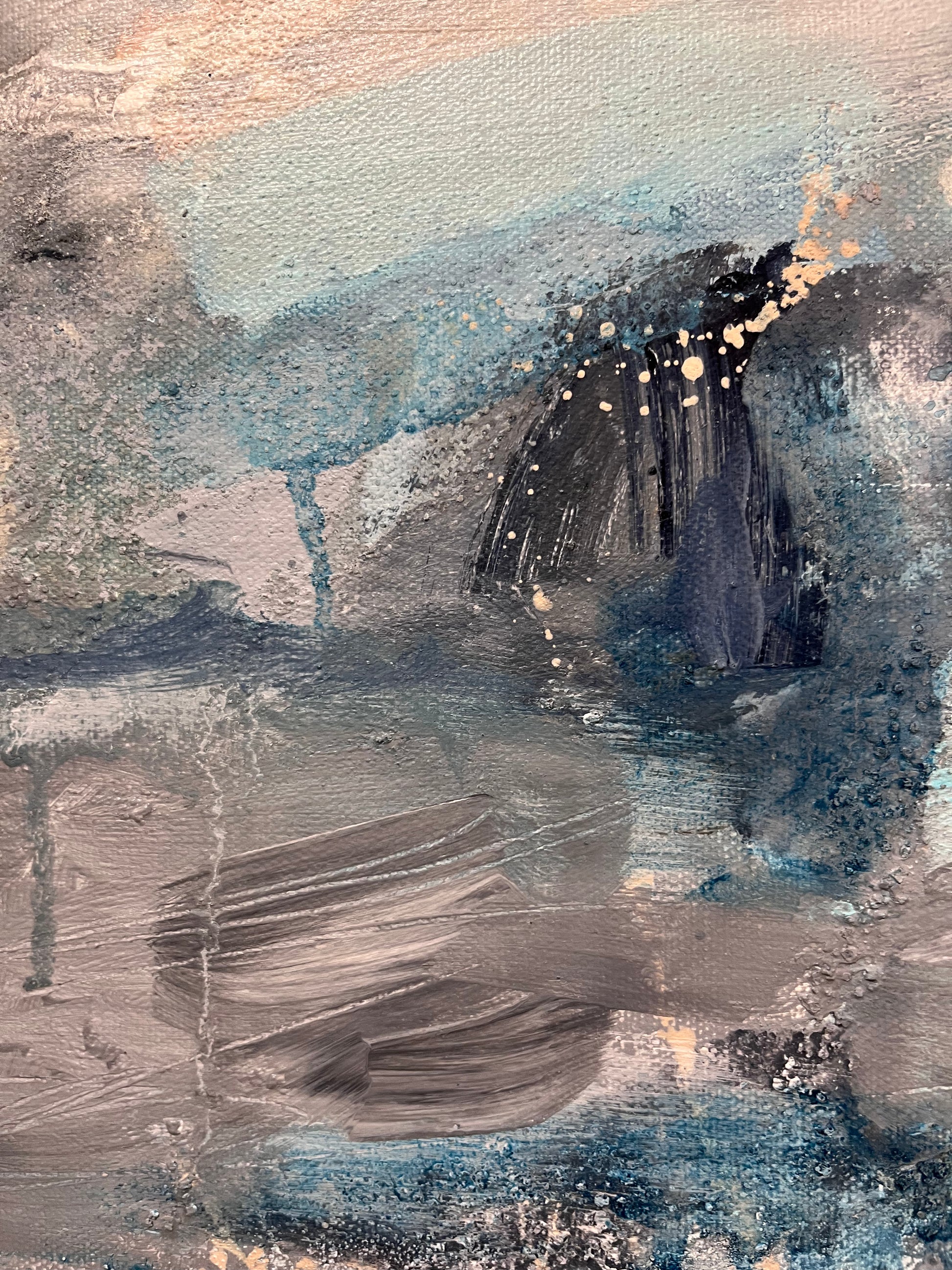 Detail of Where Silence Falls painting by artist Nicola Briggs in textured and muted tones of blues, grey and peach