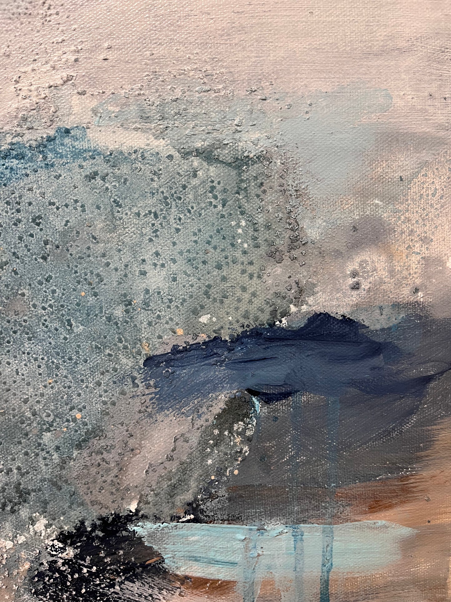 Detail of abstract landscape painting showing muted colours, texture, brush strokes and drips by artist Nicola Briggs