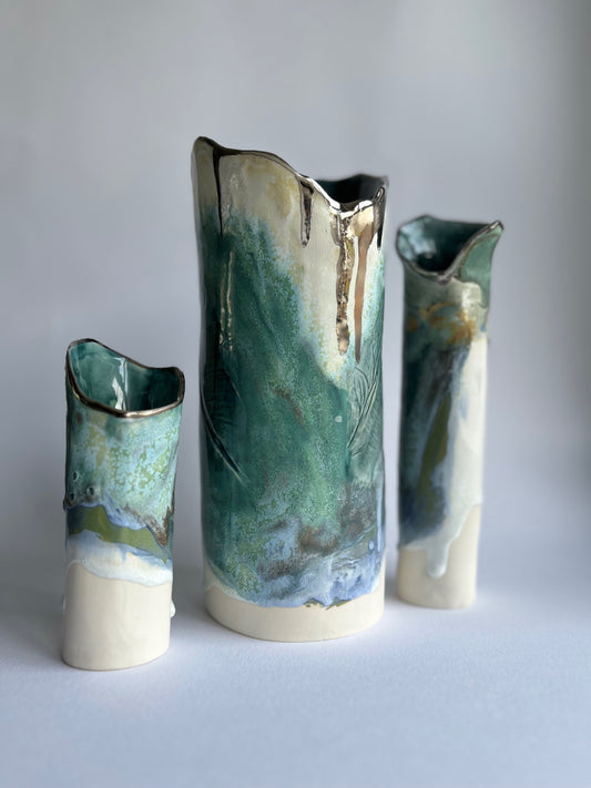 Feather Vase collection in layered green and blue glazes by Nicola Briggs Ceramics