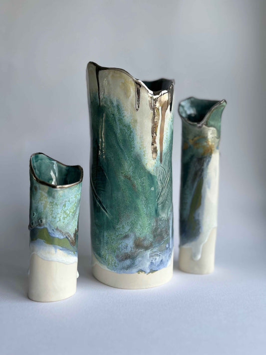 Feather Vase collection in layered green and blue glazes by Nicola Briggs Ceramics