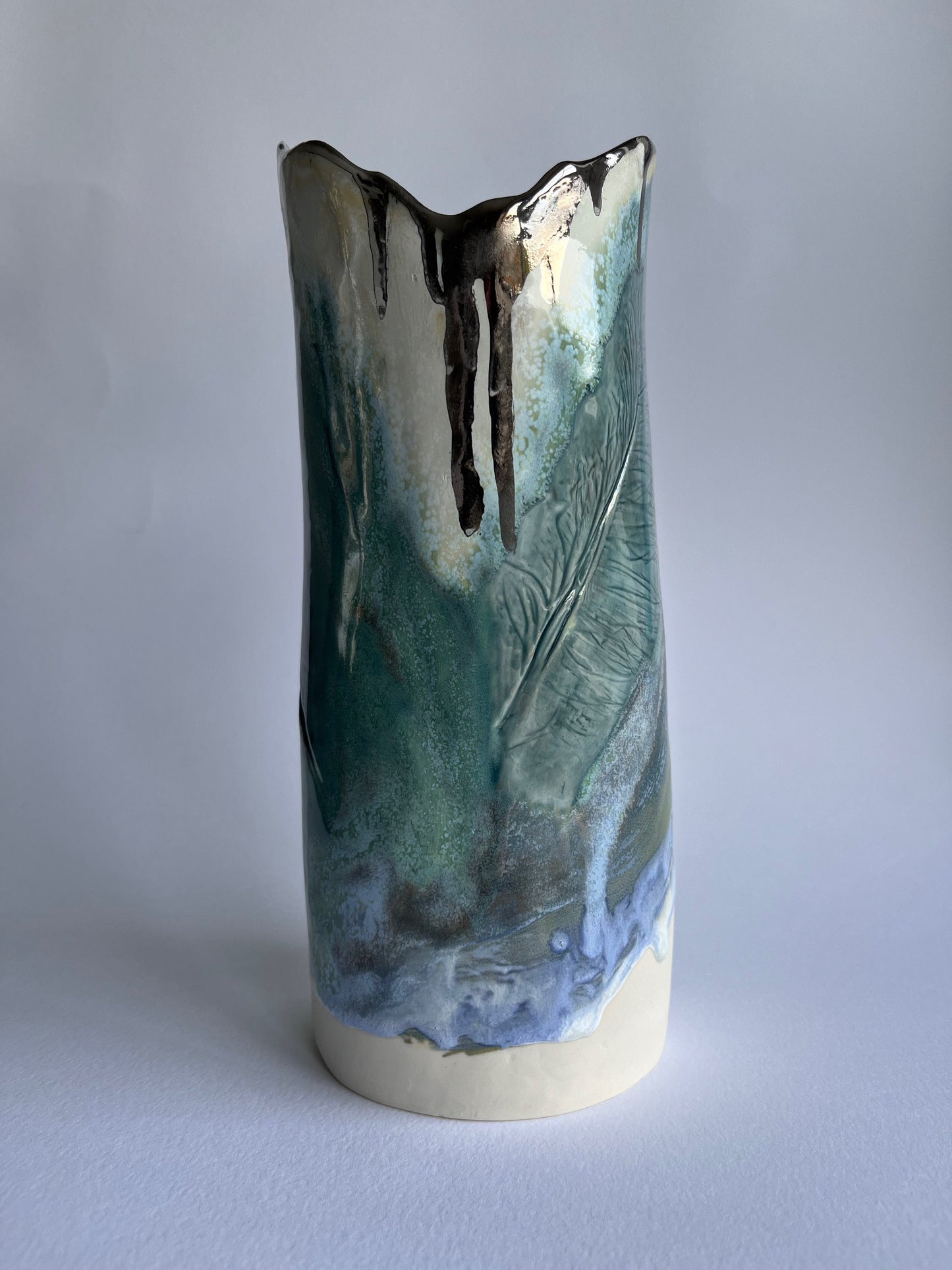 Green Blue Porcelain Vase with Platinum drips by Nicola Briggs Ceramics & Art