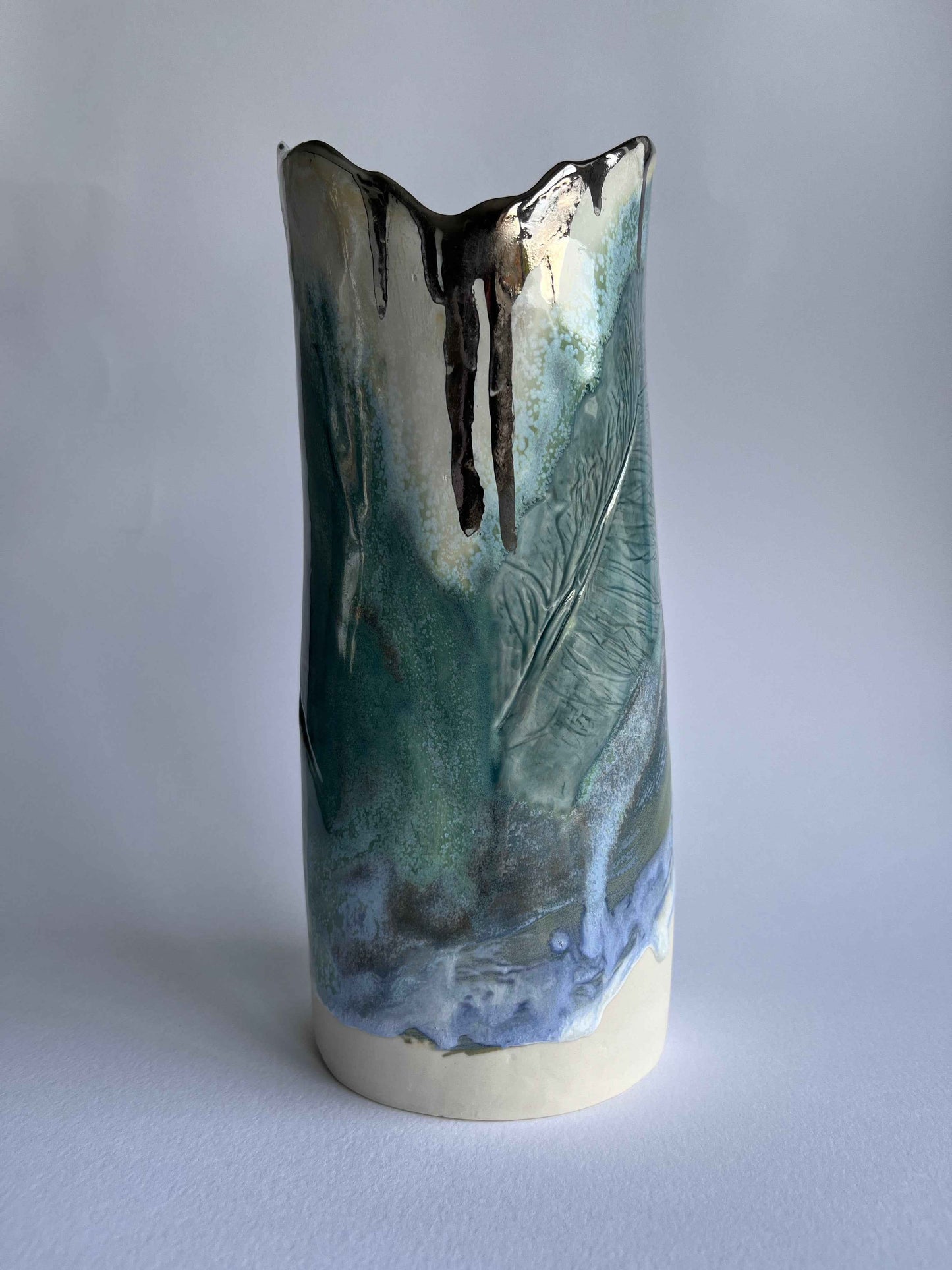 Green Blue Porcelain Vase with Platinum drips by Nicola Briggs Ceramics & Art