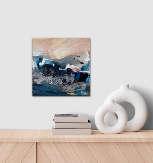 Fragments of Calm V original small contemporary landscape painting on chunky box canvas by British artist Nicola Briggs  photo on a wall with books and ceramic vases