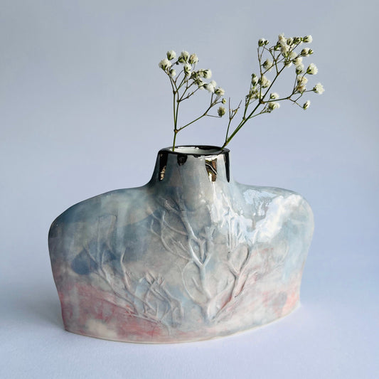 Handbuilt Grey Pink Porcelain bottle vase with Winter Tree relief decoration - Ceramic Art by Nicola Briggs