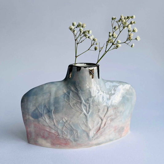Handbuilt Grey Pink Porcelain bottle vase with Winter Tree relief decoration - Ceramic Art by Nicola Briggs