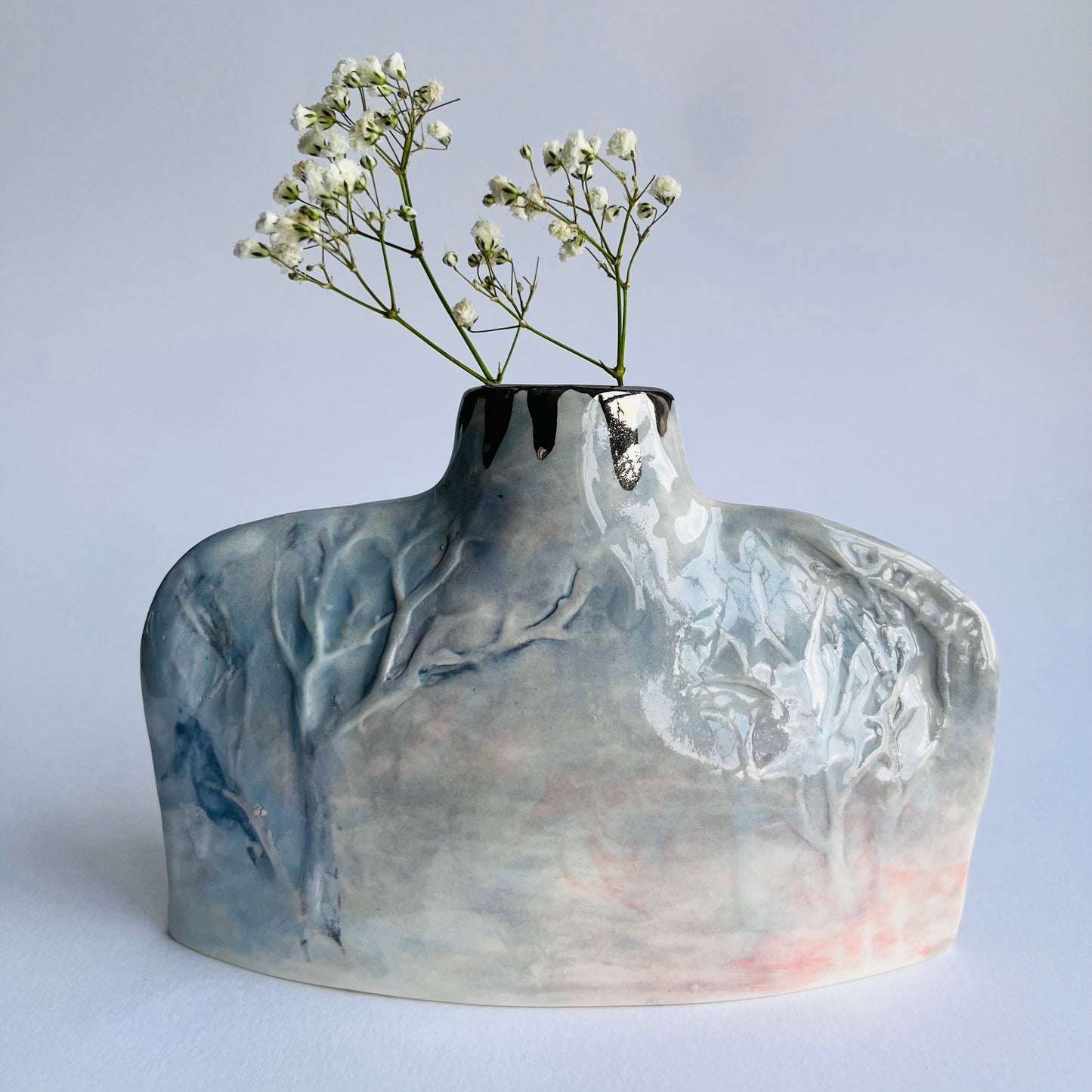 Grey & Pink Silhouette Porcelain Vase with relief Winter tree decoration handbuilt by Nicola Briggs
