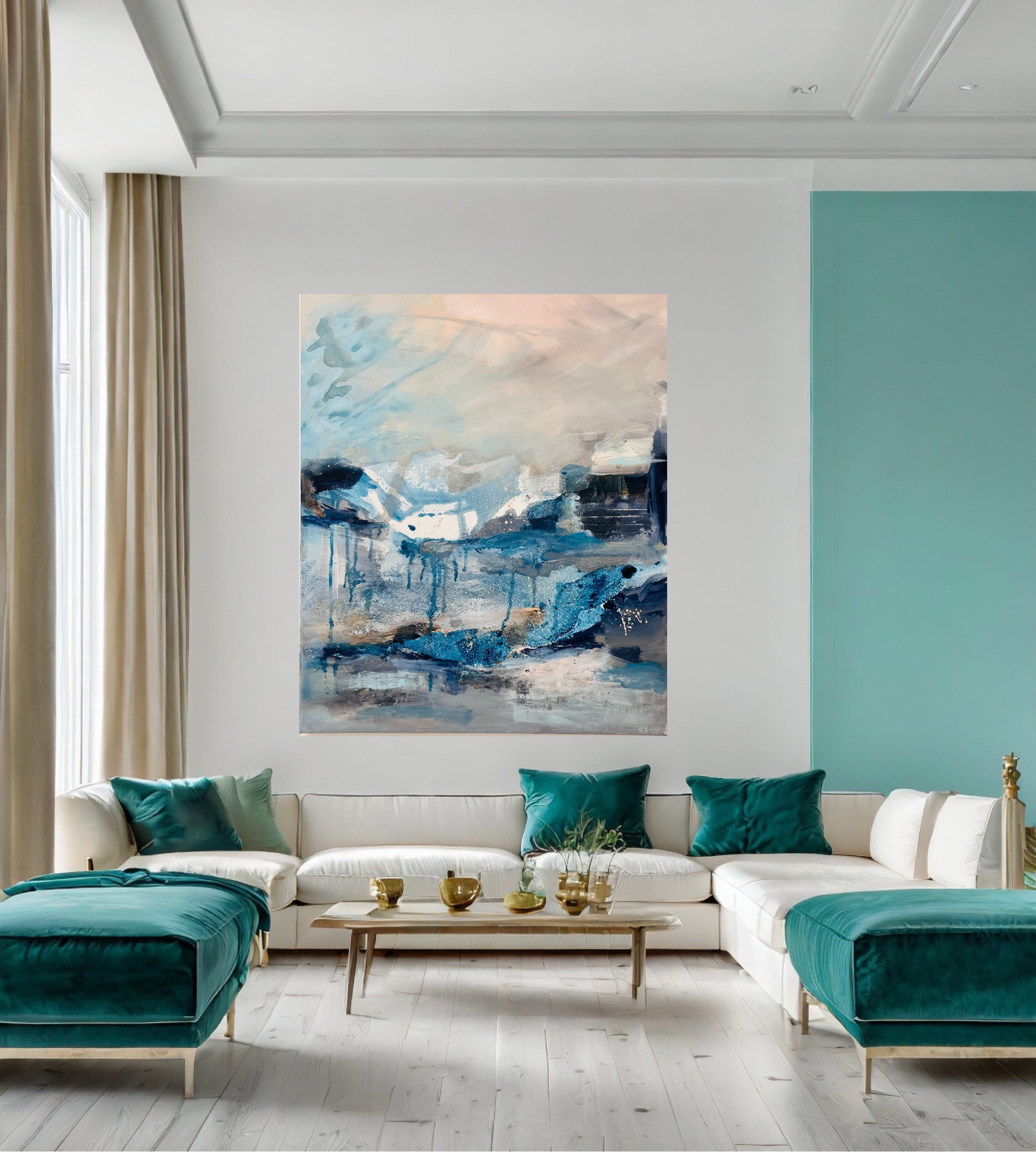 In the Still Air atmospheric painting with mark making, drips ,brushstrokes in grey, blues, peach on a grey and turquoise wall in a luxury room setting with co ordinated colour cushions on a large cream couch