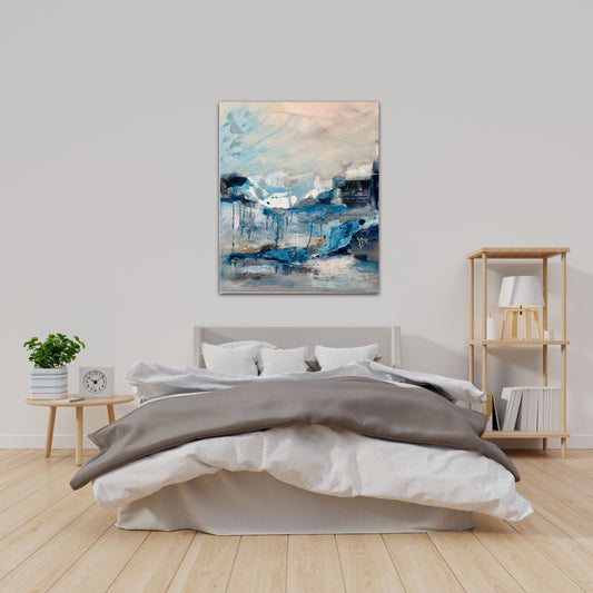 ‘In the Still Air’ contemporary landscape painting inspired by Wintery weather in hues of blues, greys and peach 
Original art painted by Nicola Briggs