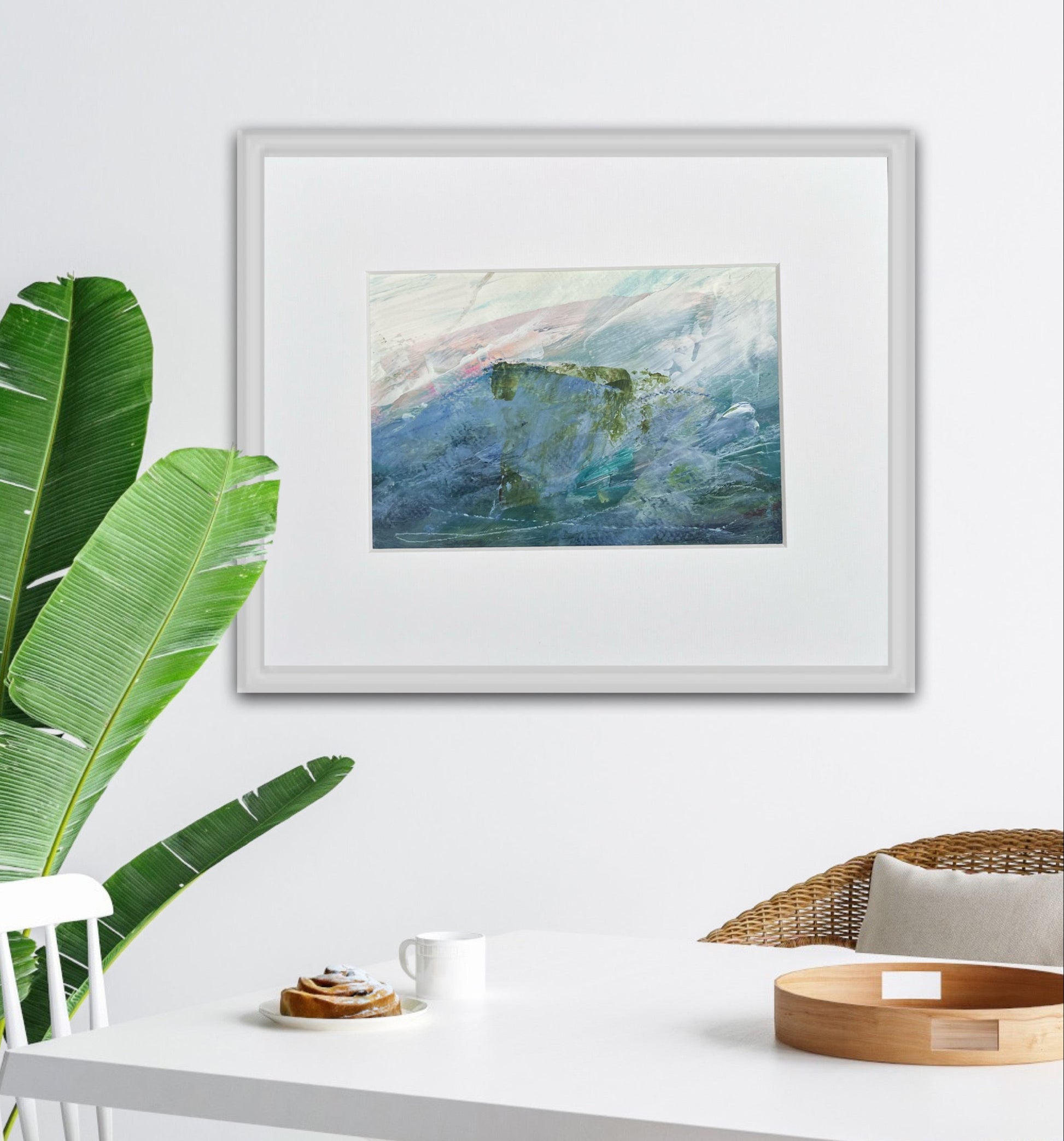 'Just Below' - Atmospheric painting of the low clouds over the hilltops with pink colours from the sunset peeking through by Nicola Briggs Art