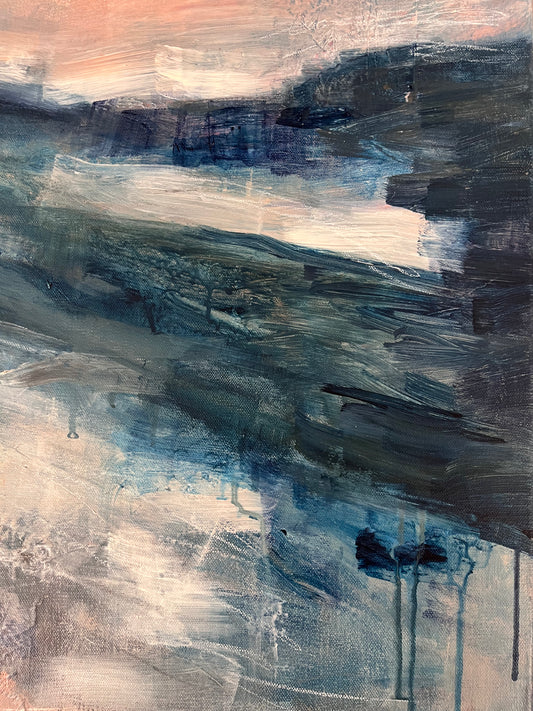 Abstract painting with brush strokes in blue, pink, grey, and white