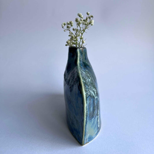 Blue and Green Textured Glazed Flat Bottle Porcelain Vase - Nicola Briggs - Ceramics & Art