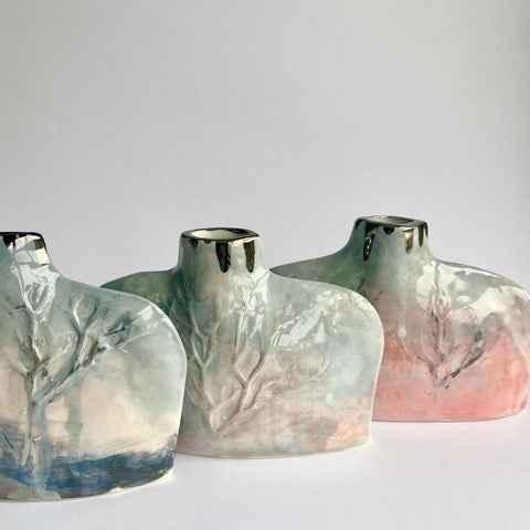 Pink Silhouette Flat Bottle Porcelain Vase with Winter Tree - Nicola Briggs - Ceramics & Art
