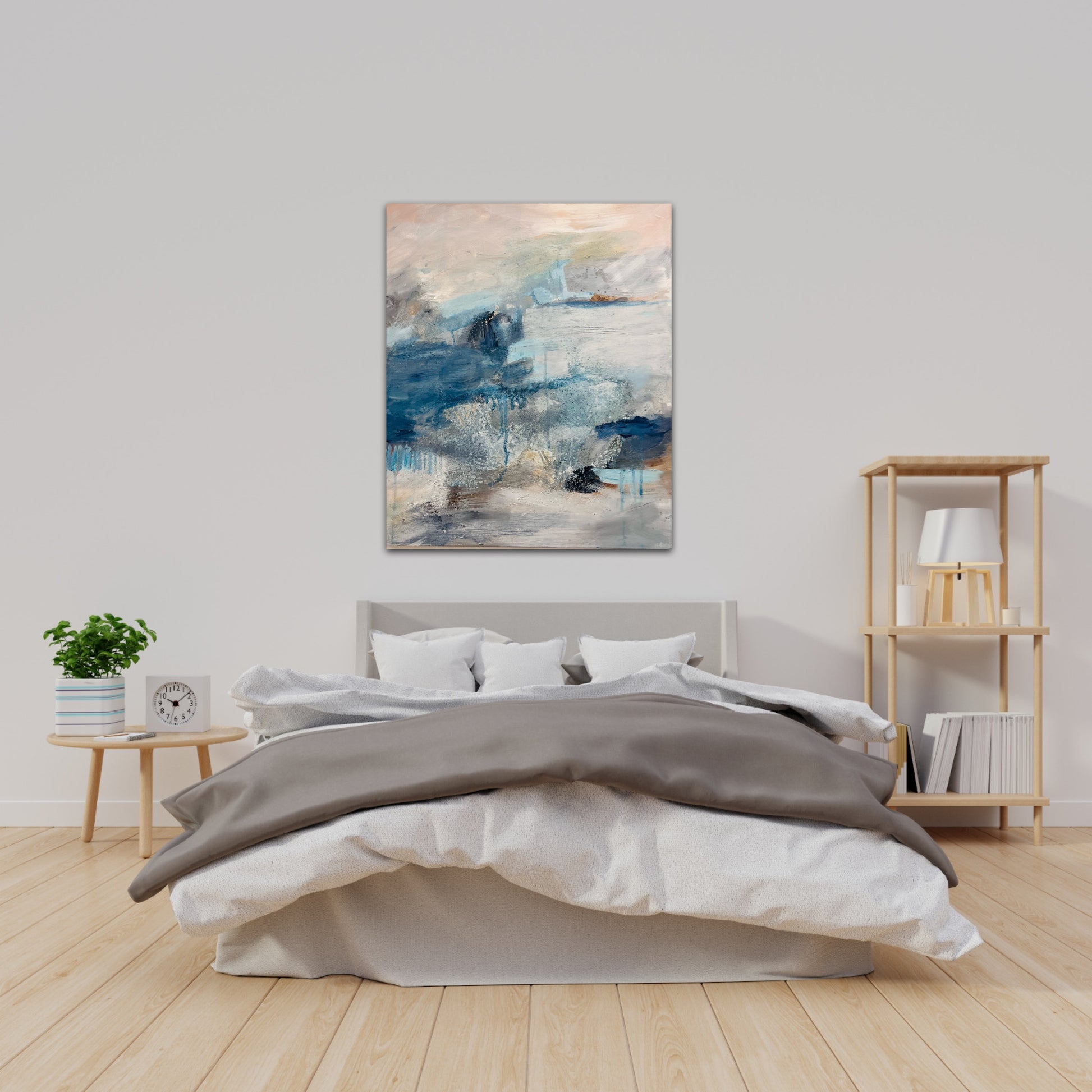 Blues and peach atmospheric abstract landscape painting by Nicola Briggs