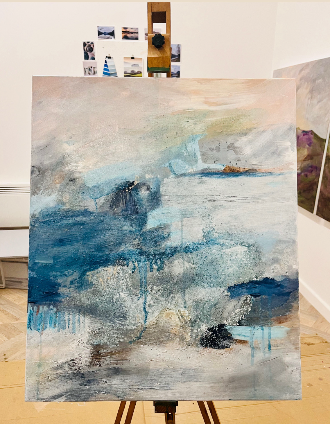 Veil of Elegance abstract landscape painting sat on an easel in the art studio of Nicola Briggs