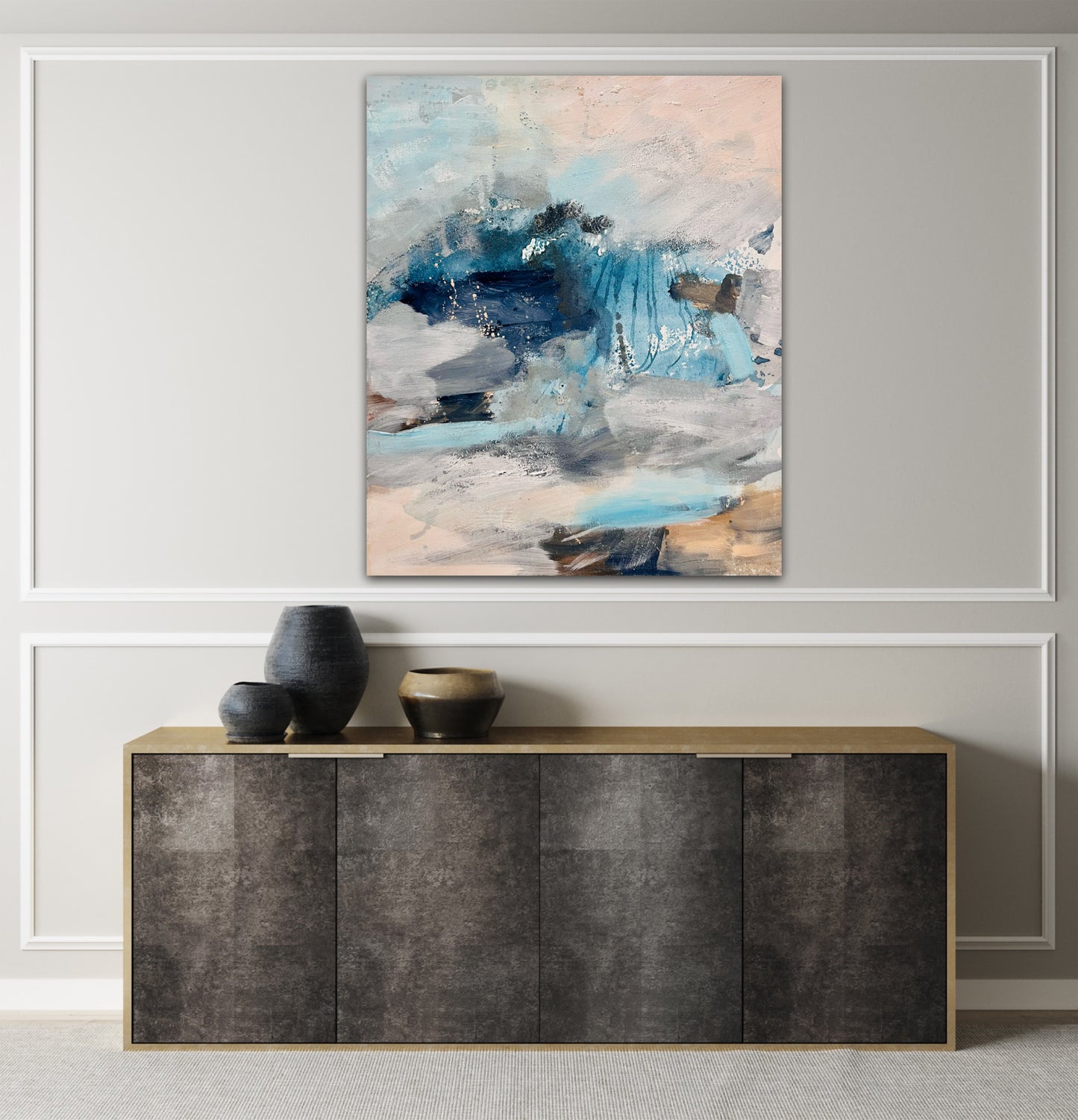 Where Silence Falls original landscape painting by contemporary British artist Nicola Briggs lifestyle photo grey wall above modern grey and wood unit