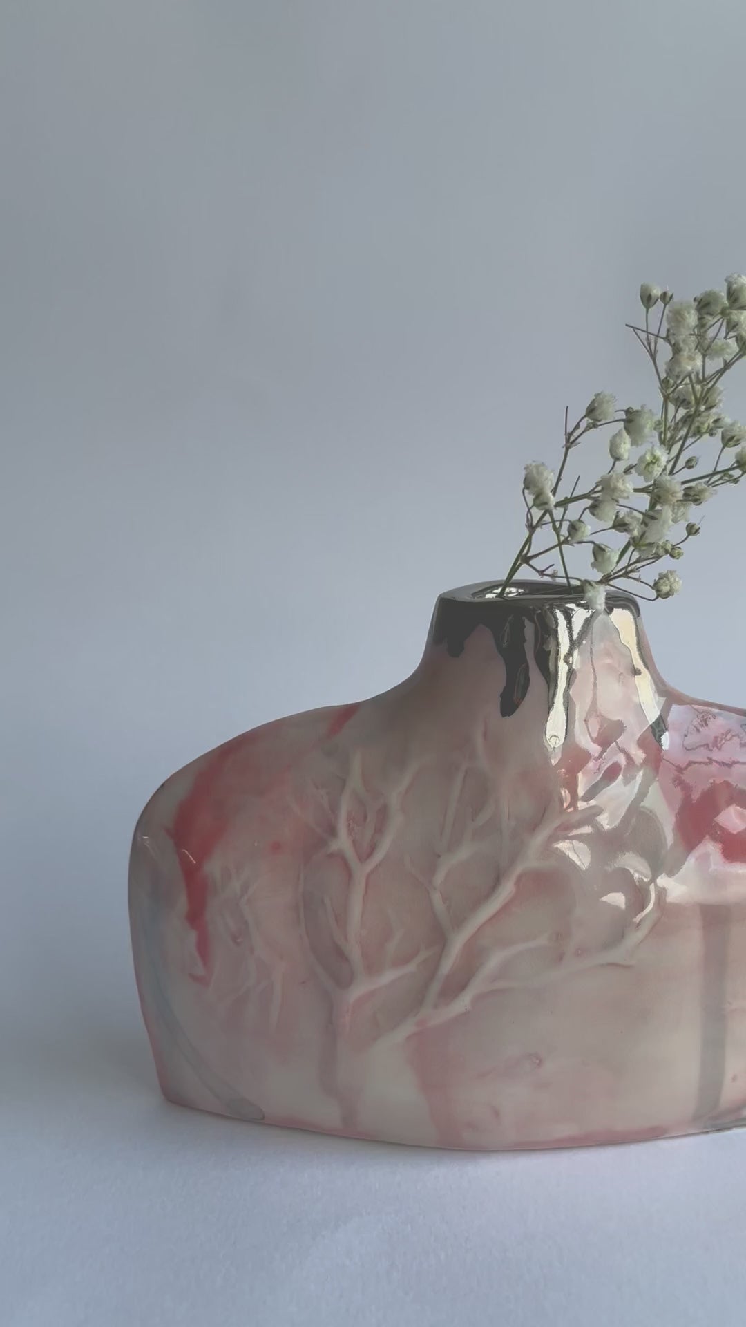 pink Silhouette flat bottle vase with relief Winter Trees design video, nature inspired gift