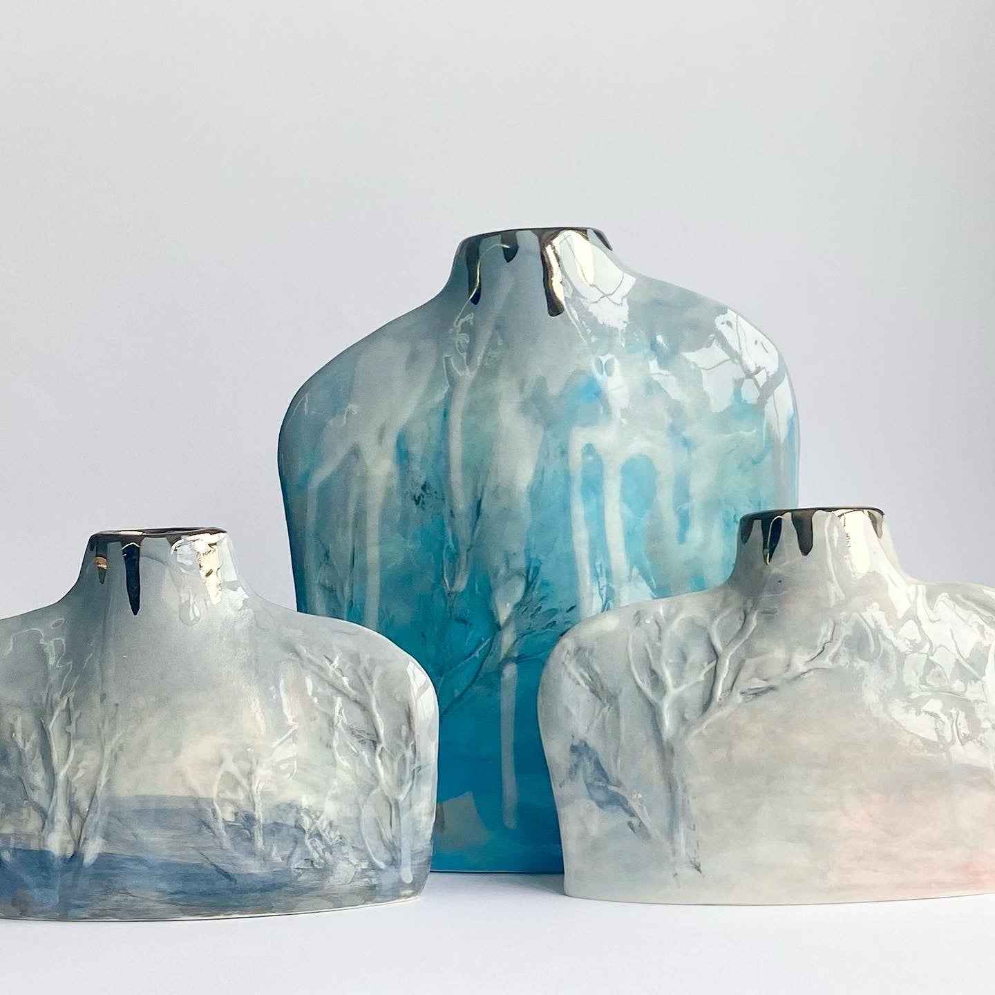 Silhouette vase collection of 3 handbuilt vases with relief winter tree design by Nicola Briggs