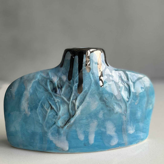 Blue Silhouette Porcelain Vase with Winter Trees Relief Design