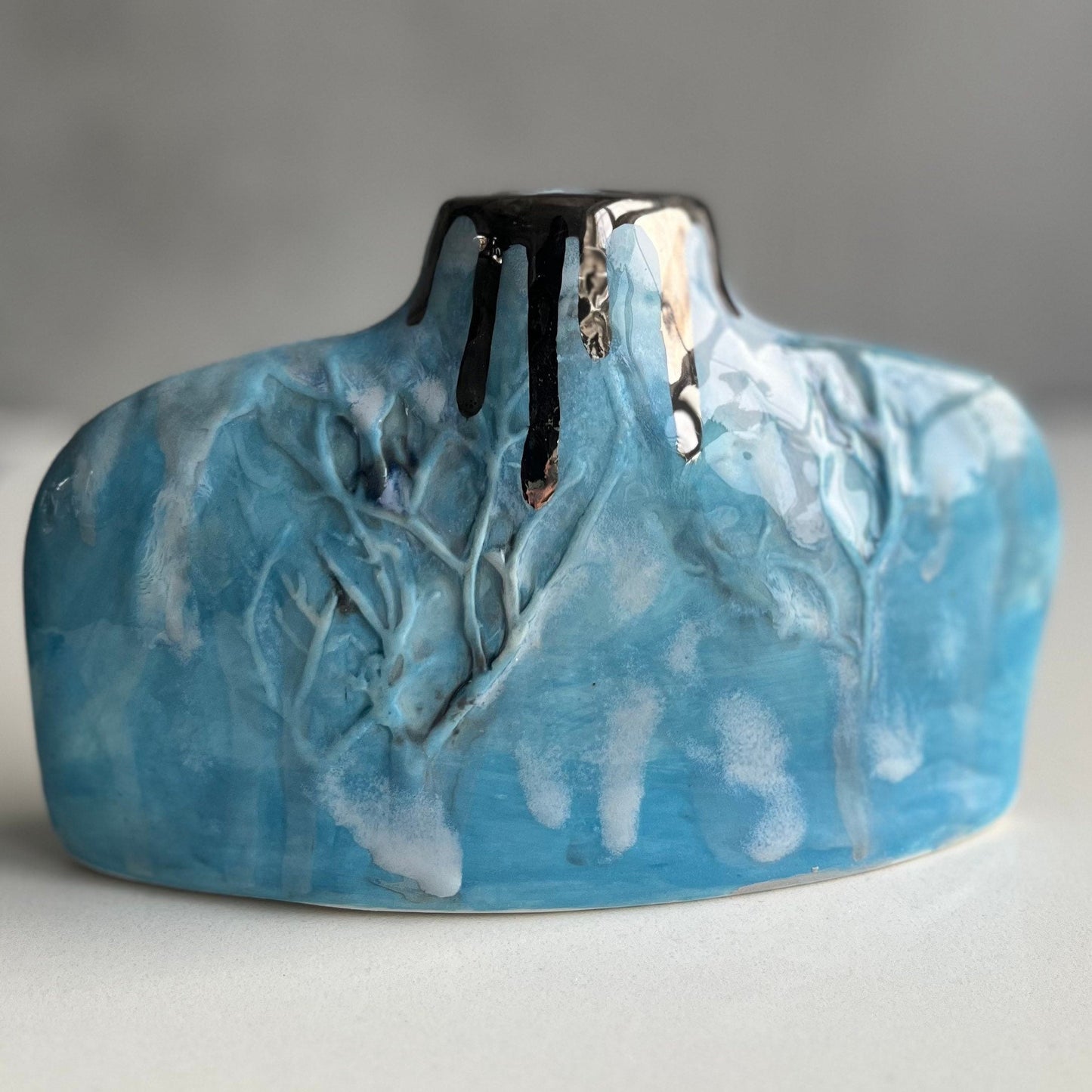 Blue and Turquoise Silhouette Flat Bottle porcelain Vase, Winter Tree design Flower Stem holder, Ceramic Art, Countryside Art