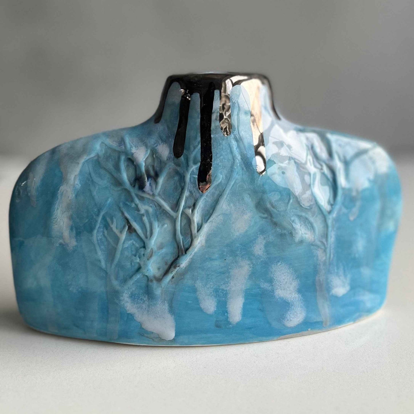 Silhouette Winter Tree Flat Porcelain Vase Blue & Turquoise