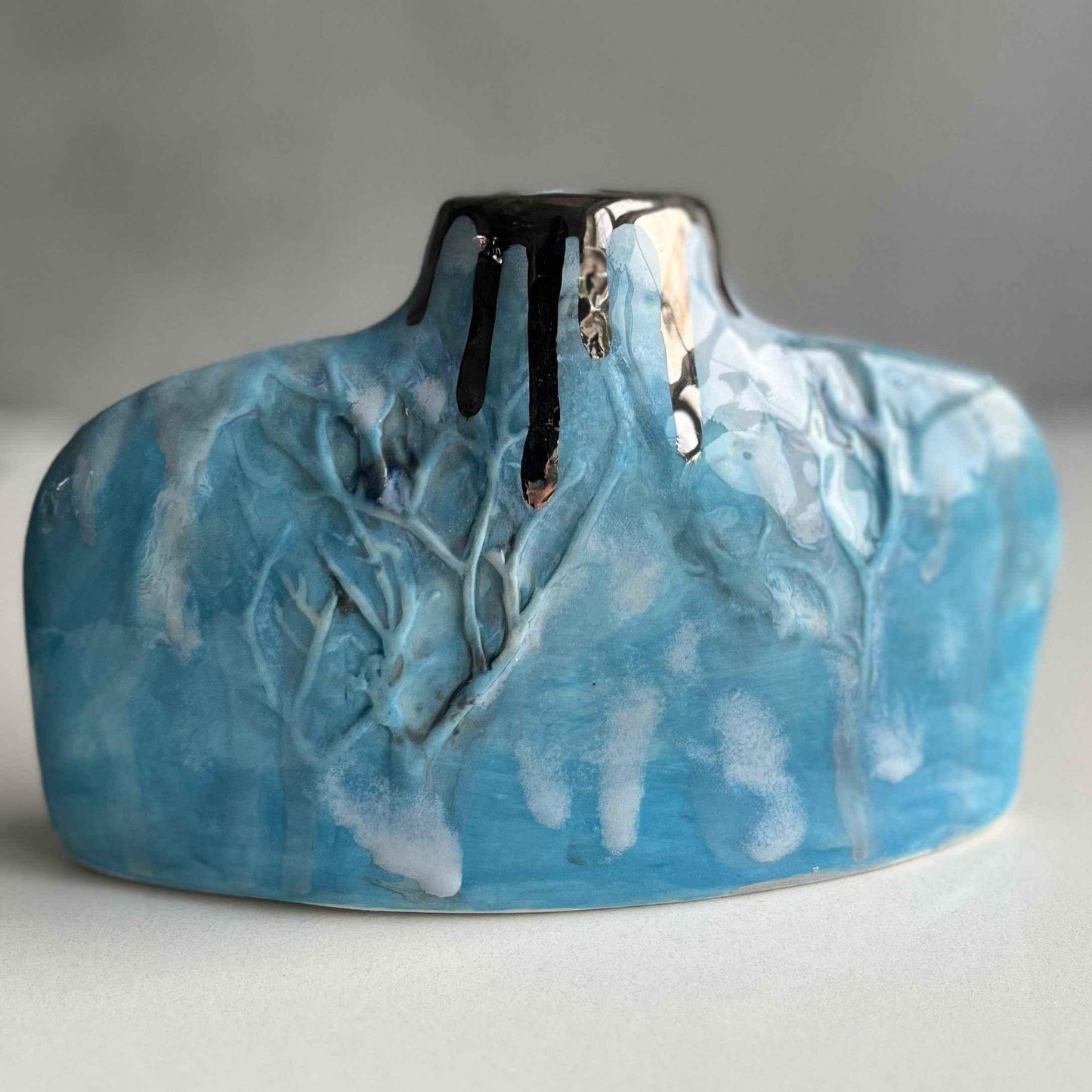 Silhouette Winter Tree Flat Porcelain Vase Blue & Turquoise - Nicola Briggs - Ceramics & Art