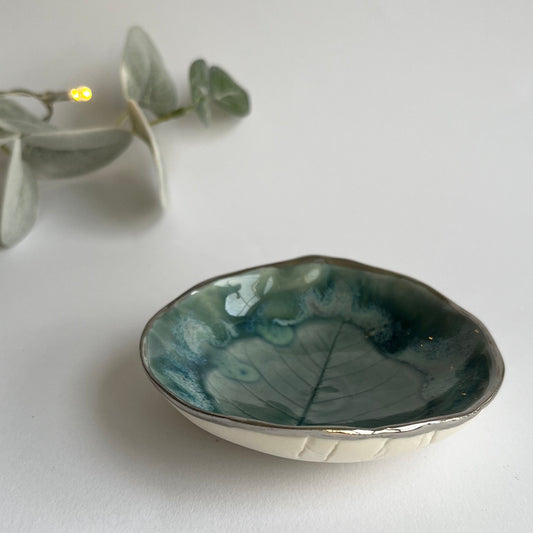 Blue layered glazes Feather Porcelain Ring Dish with Platinum rim, Jewellery Storage