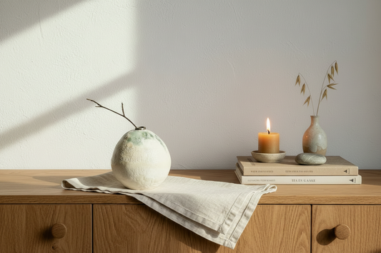 wabi-sabi ceramic moon vases and their styling with various textures in the room