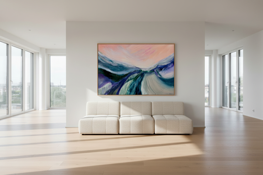 large Statement abstract landscape painting above a sofa - by Nicola Briggs 