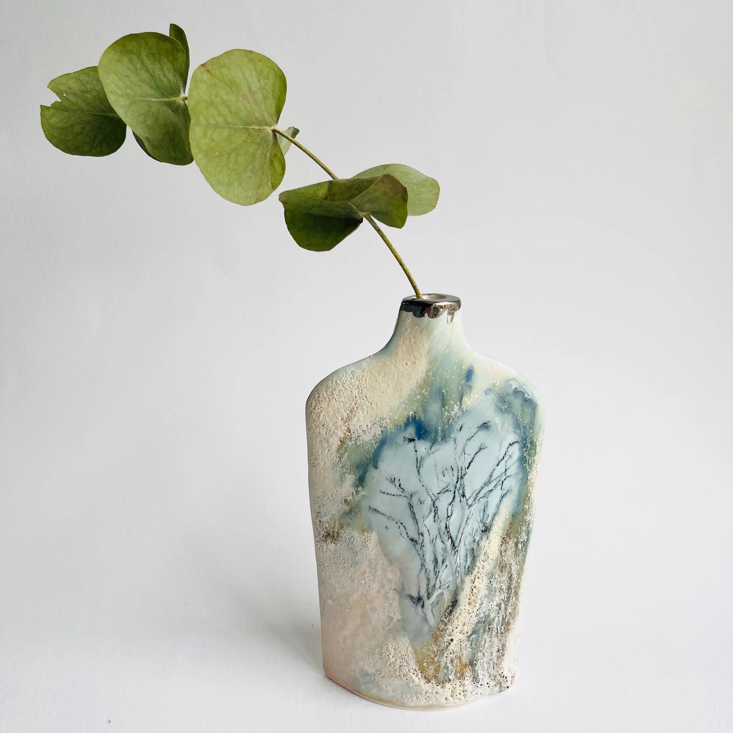 Blue and Cream Handbuilt Silhouette Trees Porcelain Bottle Vase