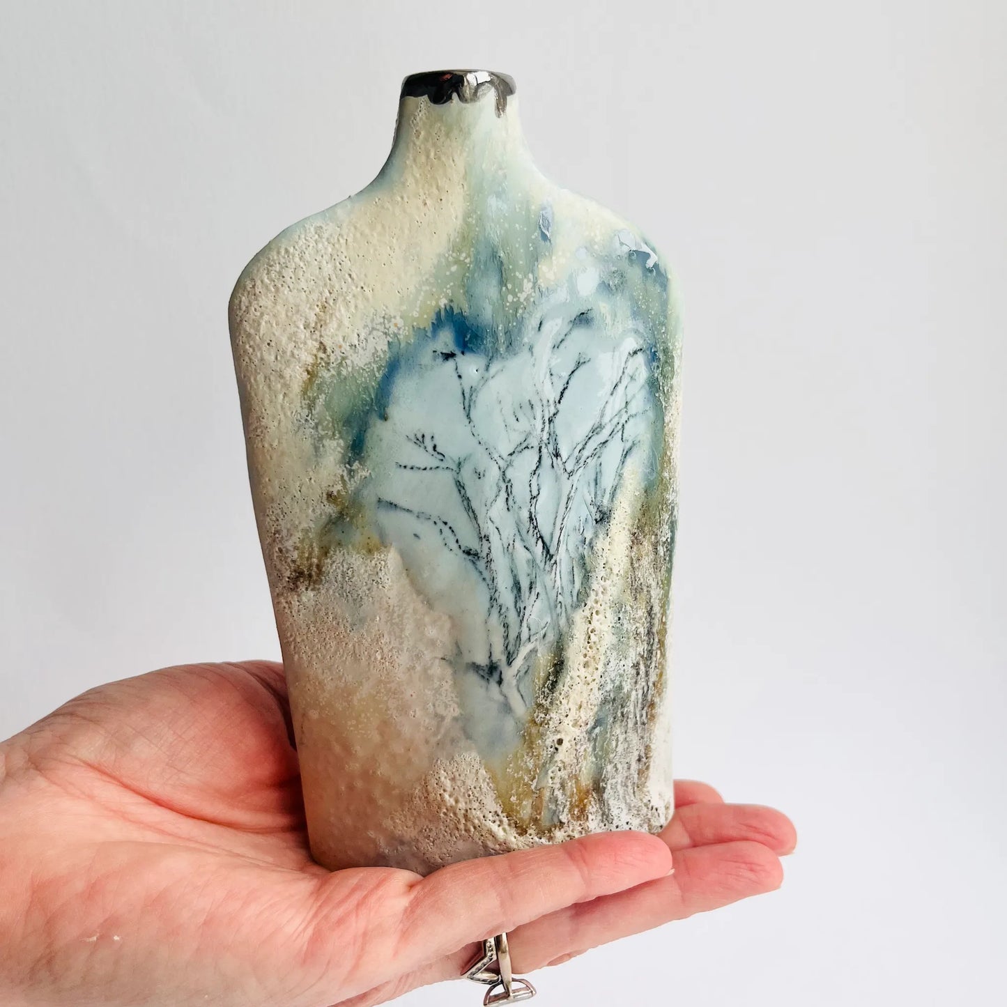 Blue and Cream Handbuilt Silhouette Trees Porcelain Bottle Vase