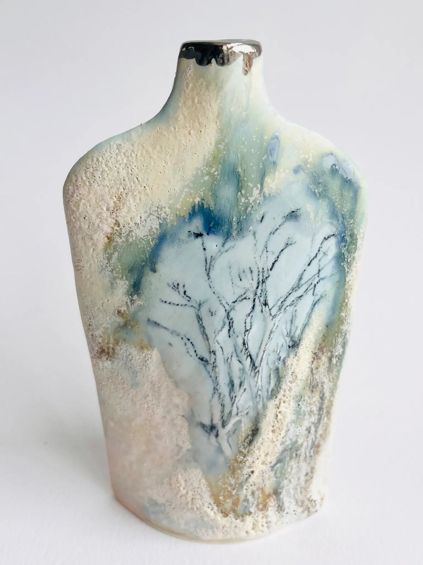 Blue and Cream Handbuilt Silhouette Trees Porcelain Bottle Vase