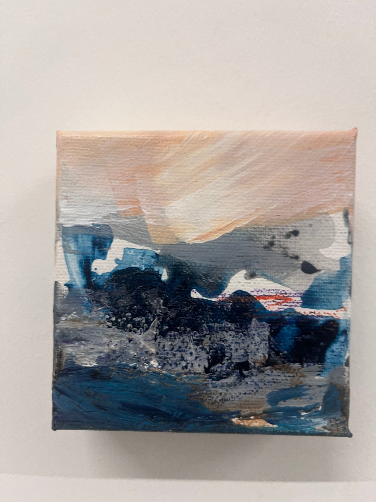 Mini square original acrylic and mixed media landscape painting by Nicola Briggs 
‘Fragments of Calm V’ 
10x10x4cm