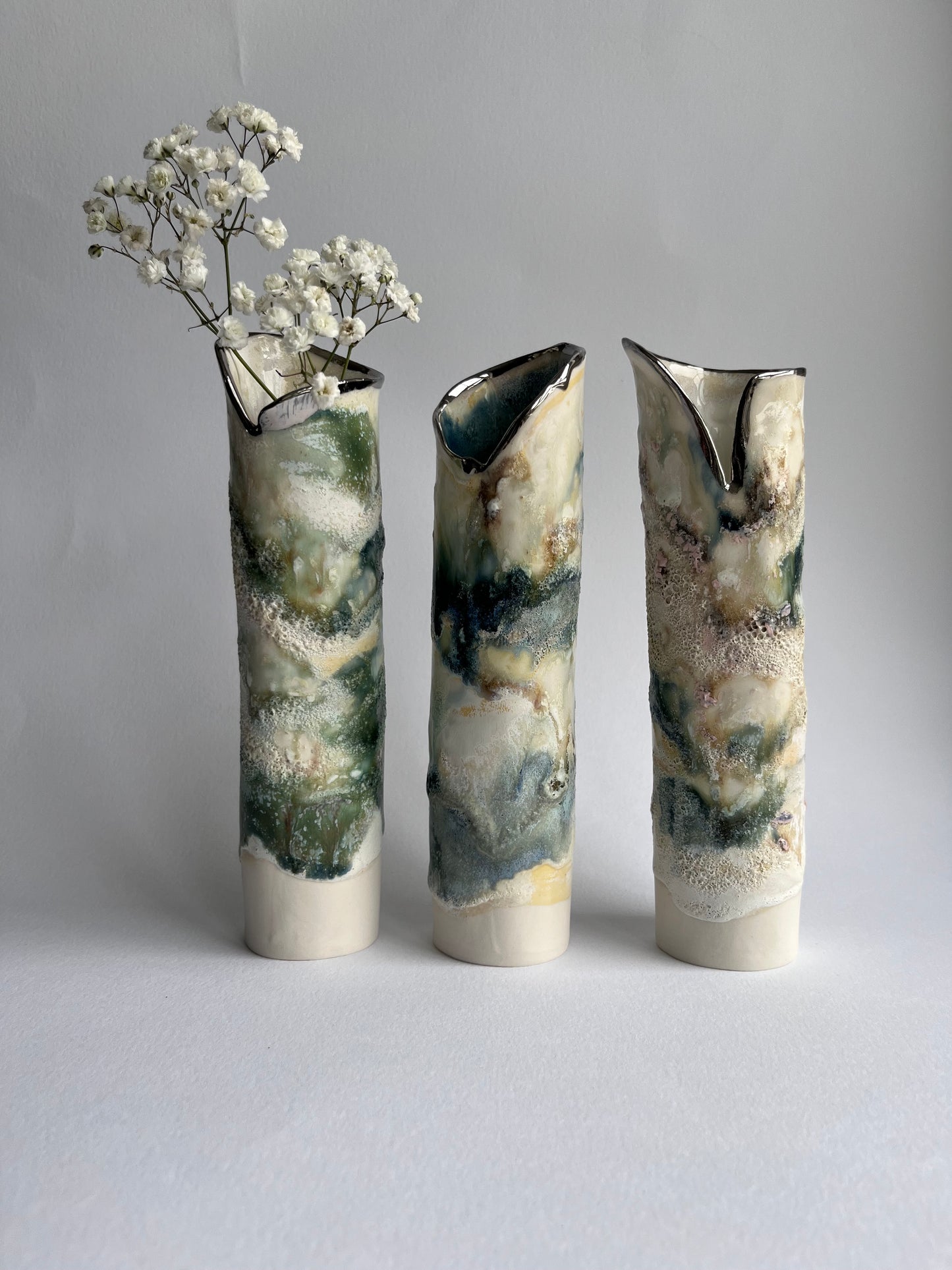 Porcelain Wrap Vase with Layered Glazes in Cream, Greens and Blue