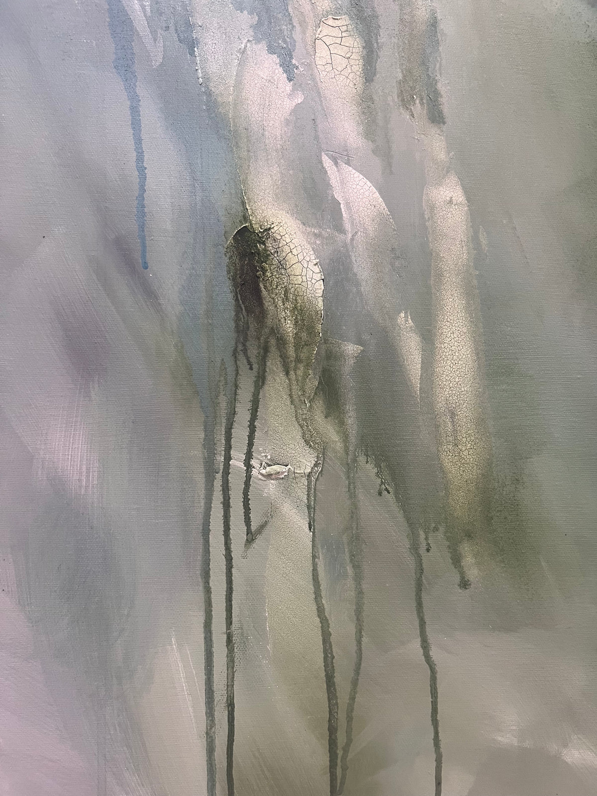 Abstract landscape painting with soft grey, white, and muted green tones, featuring vertical drips and textured brushstrokes.