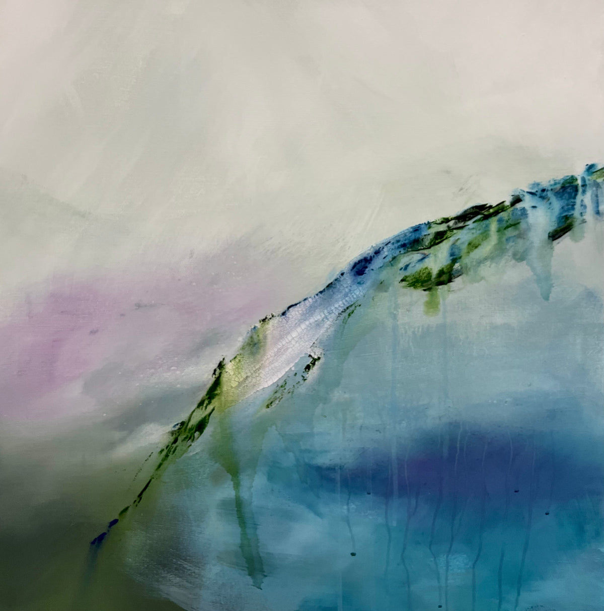 Abstract acrylic and mixed media painting featuring a diagonal mountain-like form in shades of blue, green, and purple against a soft off-white and grey background with faint lavender washes.