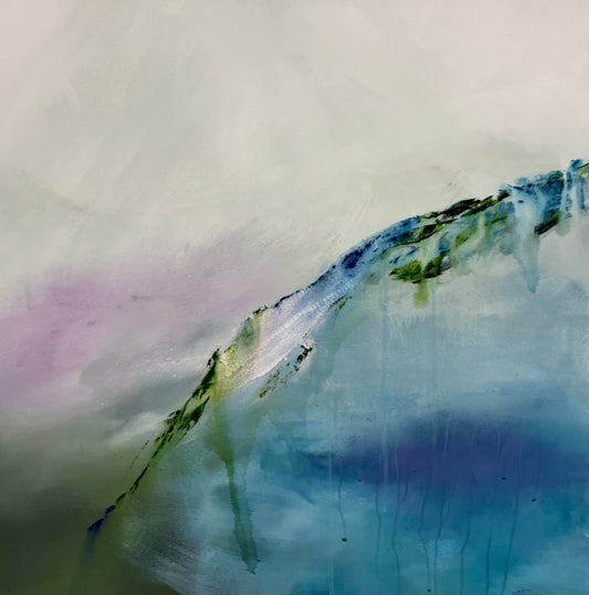 Abstract acrylic and mixed media painting featuring a diagonal mountain-like form in shades of blue, green, and purple against a soft off-white and grey background with faint lavender washes.
