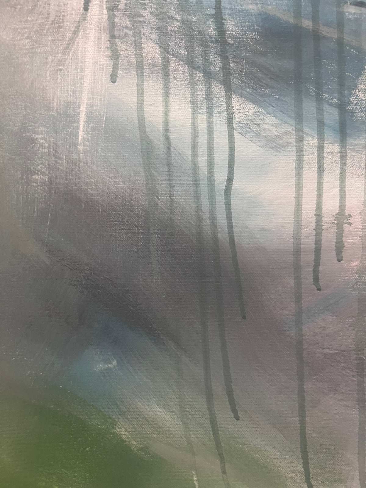 Abstract painting with textured brushstrokes in muted grey, lavender, soft green, and dark charcoal drip-like vertical lines.