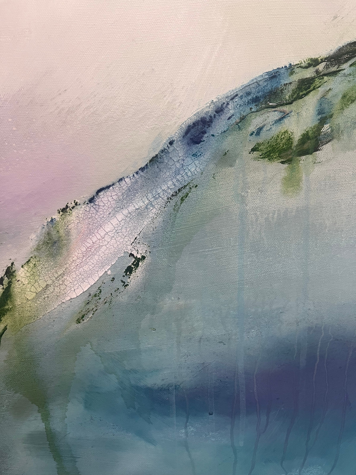 Abstract landscape painting featuring a diagonal wave-like form in shades of blue, teal, and green against a soft pastel background of lavender, pink, and grey.