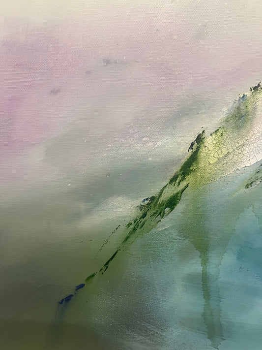 Abstract landscape painting featuring a diagonal mountain range with soft pastel gradients of pink, green, blue, and grey and texture.