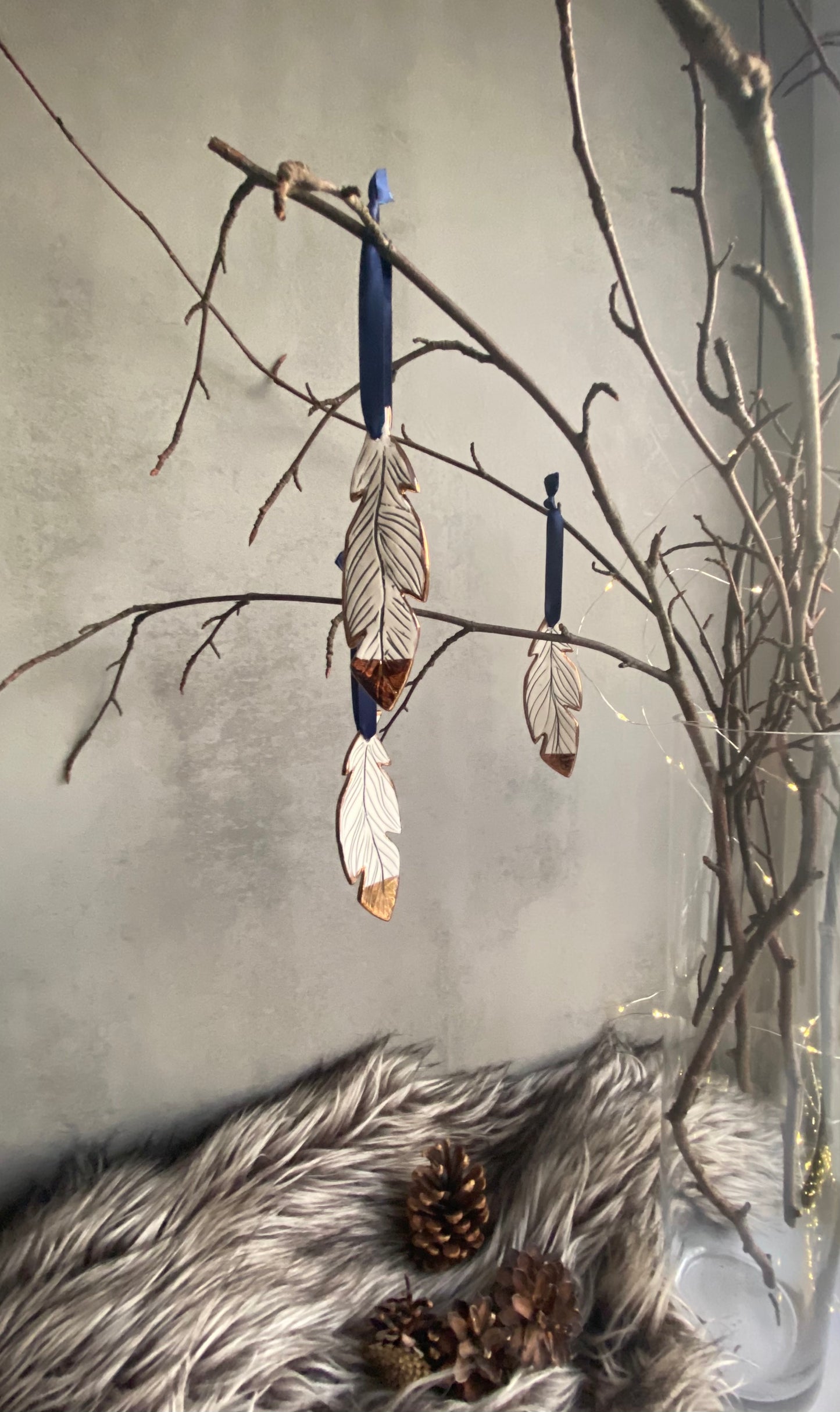 Copper Tipped Feather Christmas Decoration in porcelain