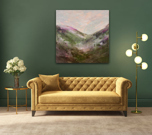 First Light - original landscape painting showing heather on the moors and the peach coloured sunrise glowing over the valley