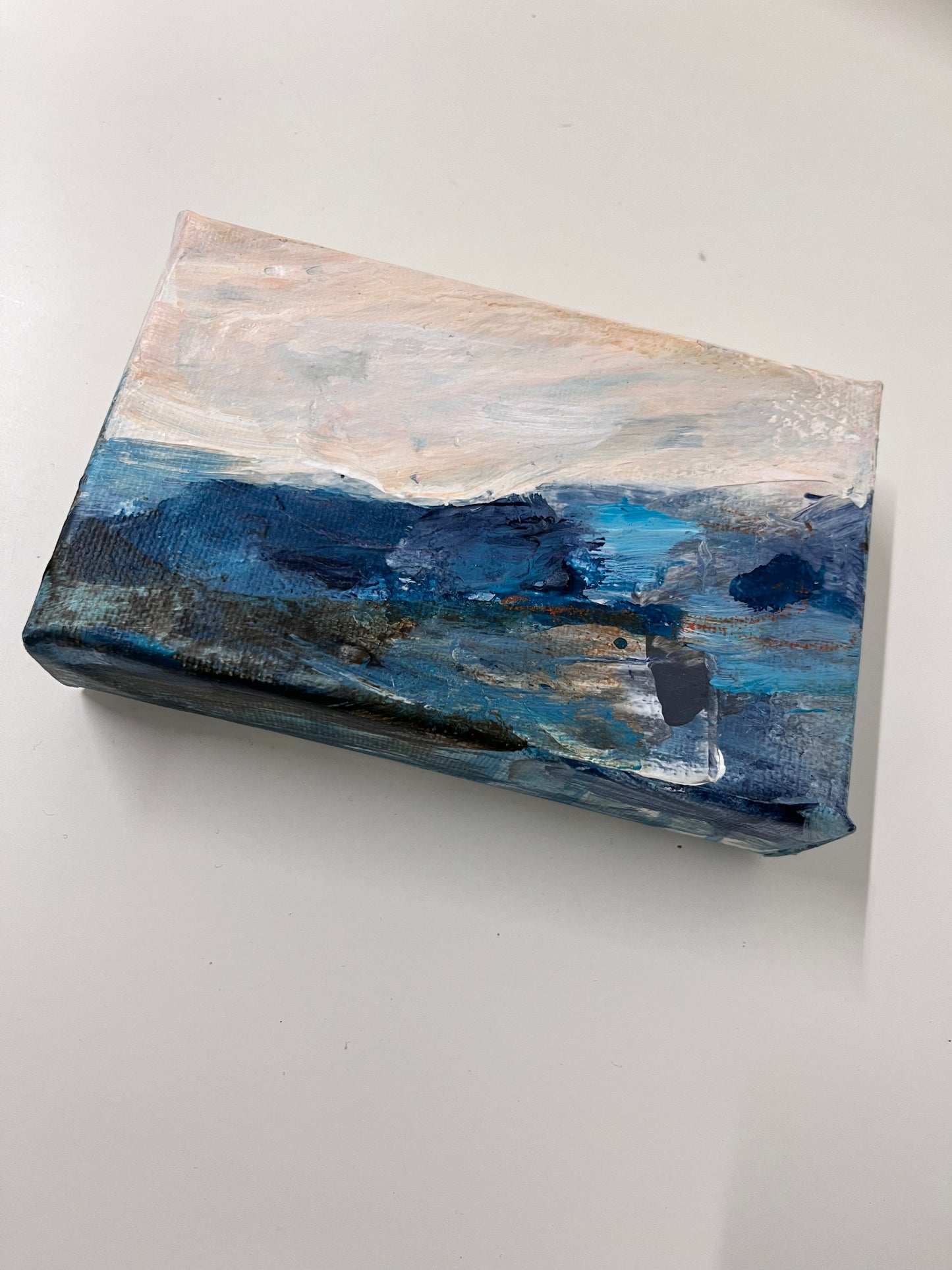 Fragments of Calm II small landscape painting by British contemporary Landscape artist Nicola Briggs photo shows box canvas close upon brush marks and texture details