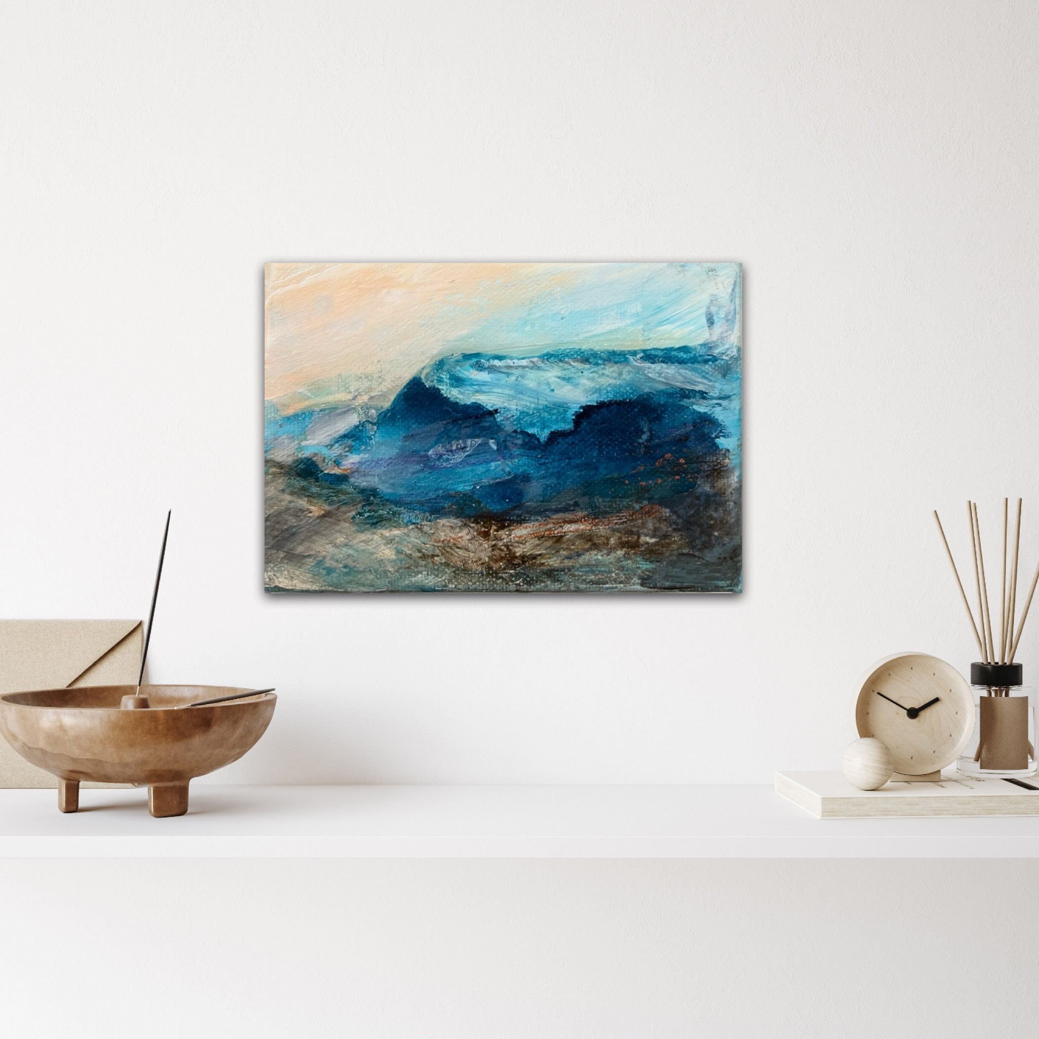 Fragments of Calm IV original mini  blue and peach landscape painting on chunky box canvas  by contemporary British artist Nicola Briggs 