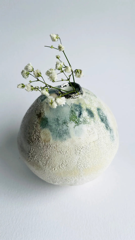 Green and Cream Glazed Mini Moon Jar| Wabi-Sabi Vase