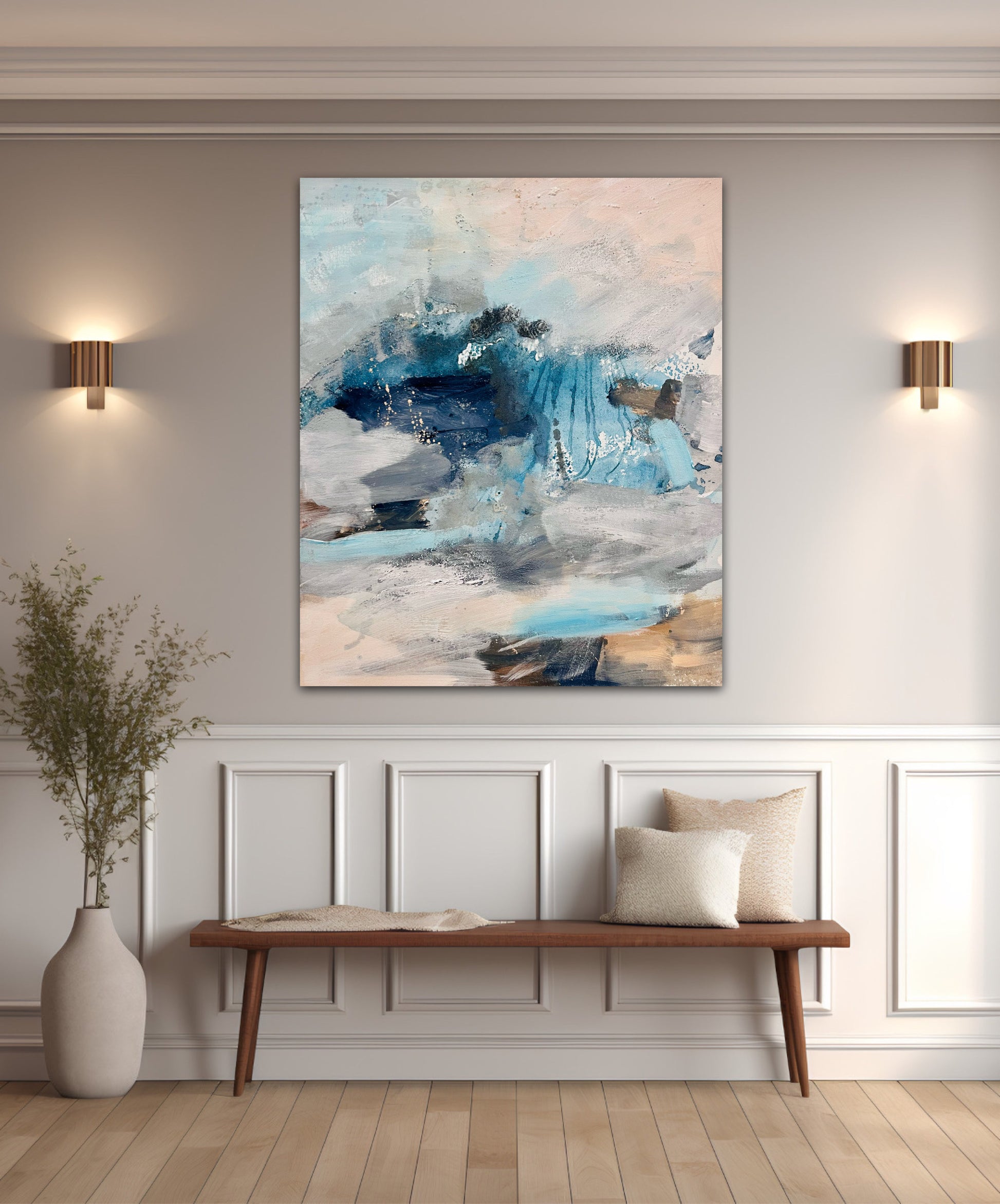 ‘Where Silence Falls’ by Nicola Briggs, contemporary abstract painting inspired by icy pools and misty mornings clearing to reveal  a peachy sunrise
20x24”
Artwork ready to hang 
