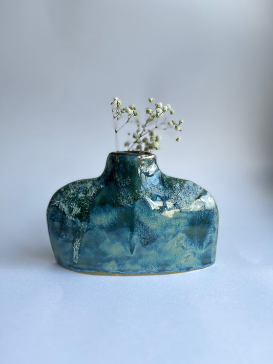 Blue and Green Textured Glazed Flat Bottle Porcelain Vase