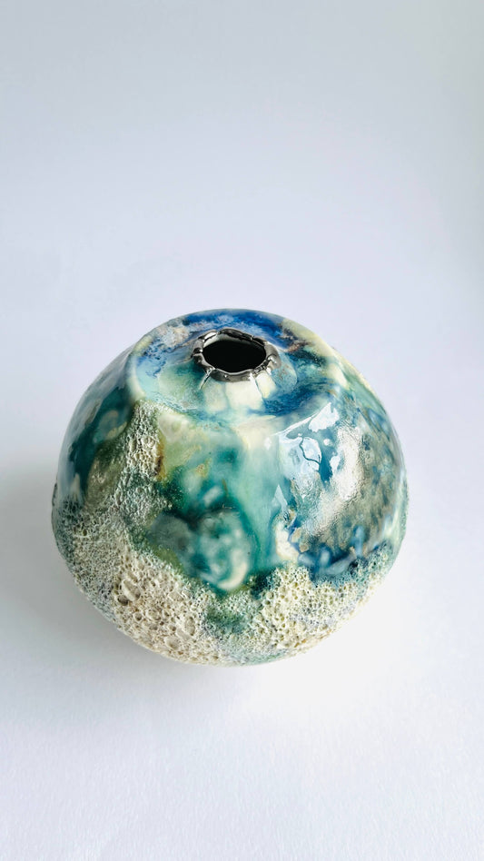 Small Sea Cave Moon Jar — Textured Glazes in Ocean Blue & Cream